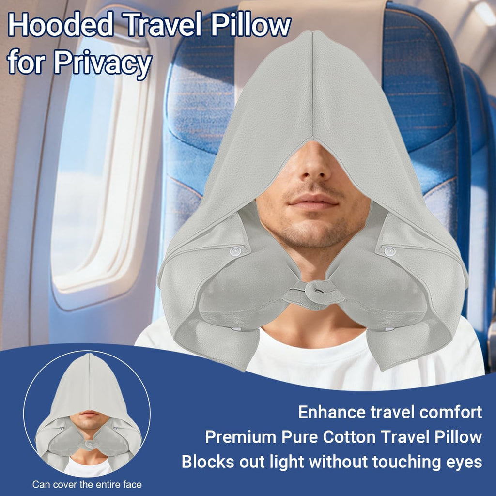 Travel Pillow with Removable Large Hood, Memory Foam Neck Pillow for Airplane, Car, Train Travel Sleeping & Rest, with Soft Cover (Gray)