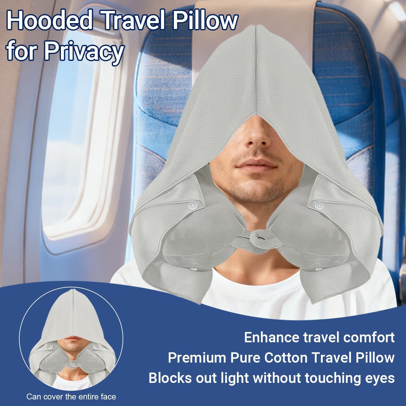 Travel Pillow with Removable Large Hood, Memory Foam Neck Pillow for Airplane, Car, Train Travel Sleeping & Rest, with Soft Cover (Gray)