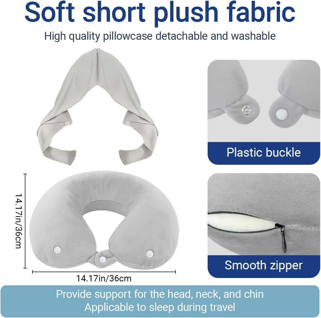 Travel Pillow with Removable Large Hood, Memory Foam Neck Pillow for Airplane, Car, Train Travel Sleeping & Rest, with Soft Cover (Gray)