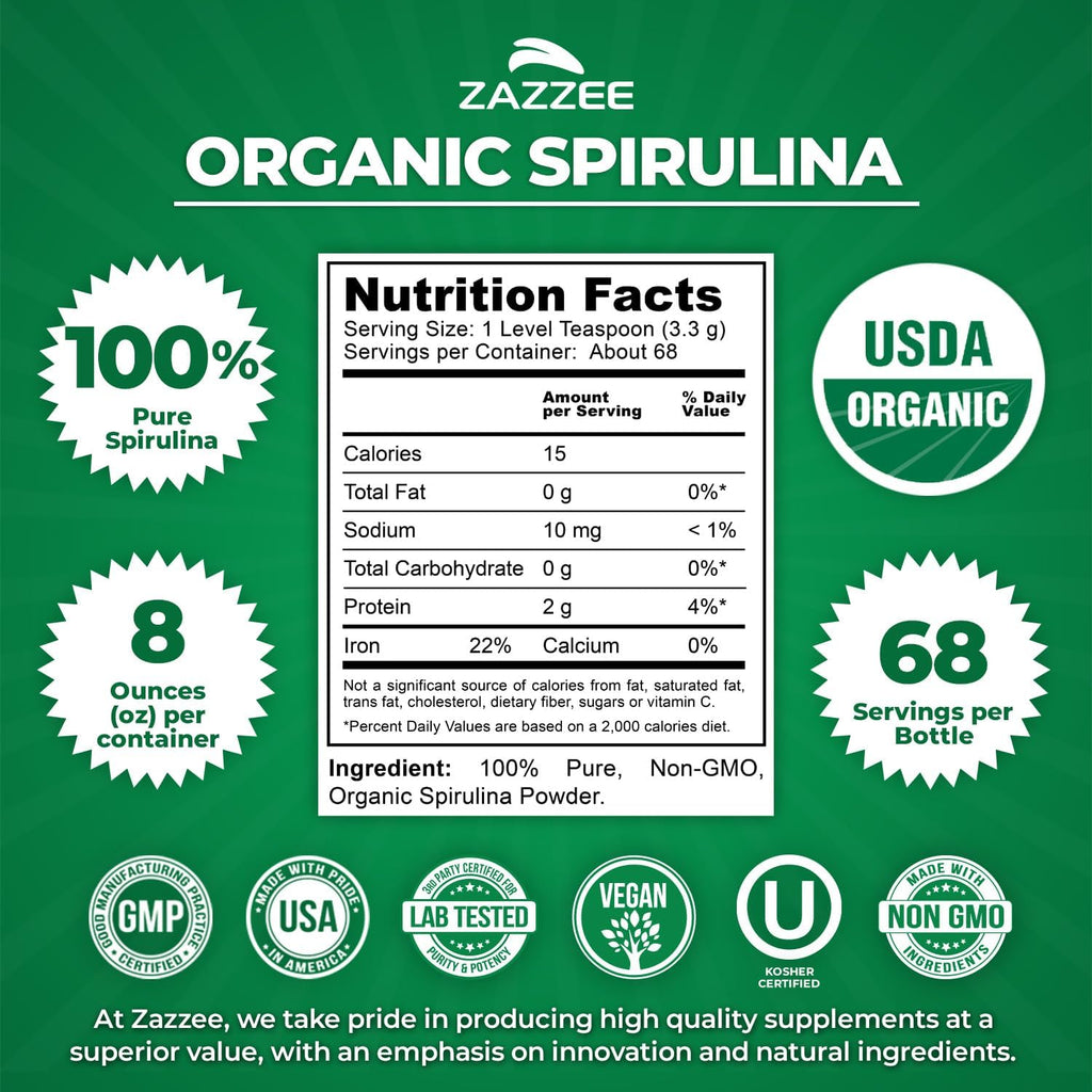 USDA Organic Spirulina Powder, 8 Ounces, 68 Servings, 100% Pure | Certified Kosher, Non-Irradiated, Mess-Free Wide Mouth Container, Fresh Smell and Neutral Taste, Non-Gmo, Made in USA