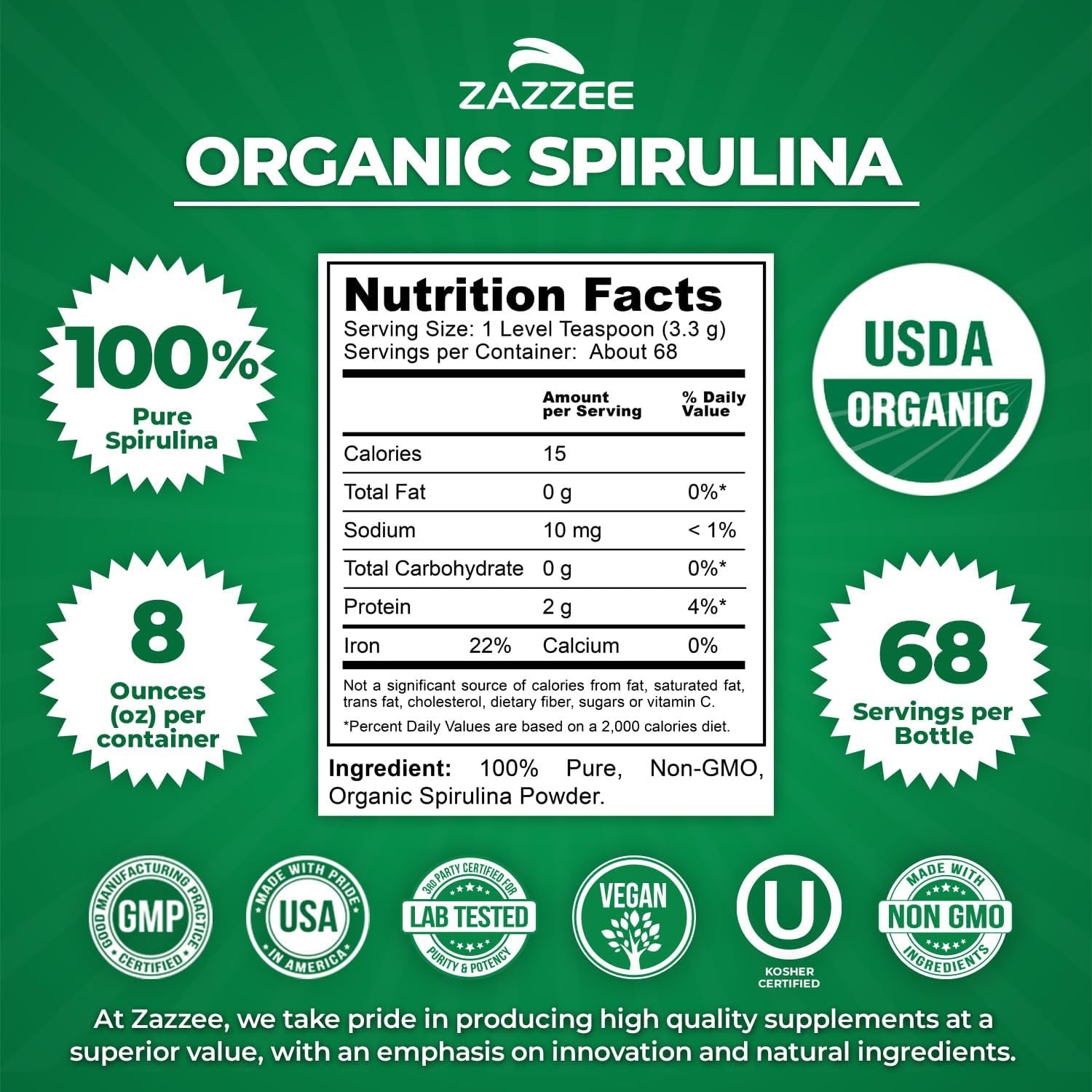 USDA Organic Spirulina Powder, 8 Ounces, 68 Servings, 100% Pure | Certified Kosher, Non-Irradiated, Mess-Free Wide Mouth Container, Fresh Smell and Neutral Taste, Non-Gmo, Made in USA