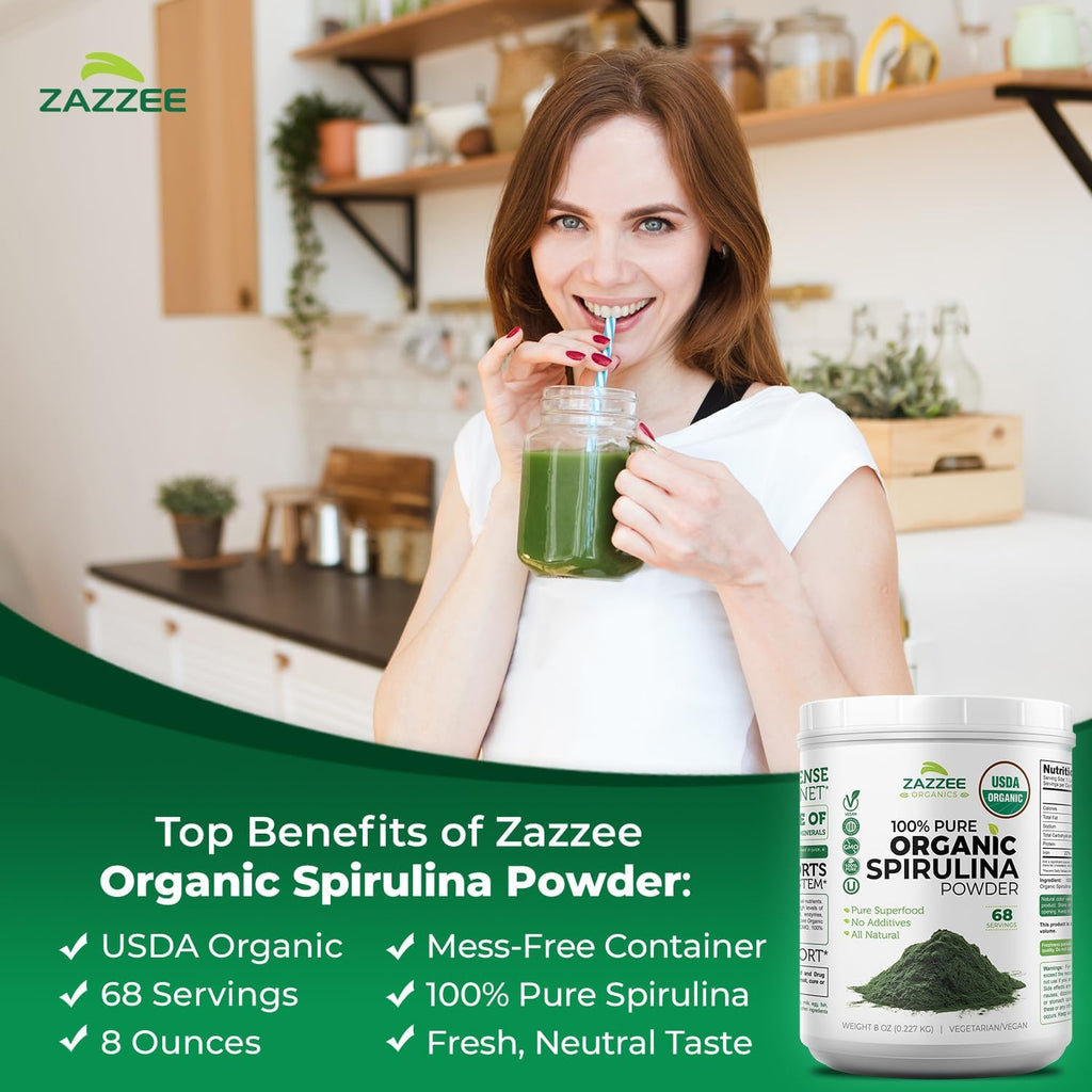 USDA Organic Spirulina Powder, 8 Ounces, 68 Servings, 100% Pure | Certified Kosher, Non-Irradiated, Mess-Free Wide Mouth Container, Fresh Smell and Neutral Taste, Non-Gmo, Made in USA
