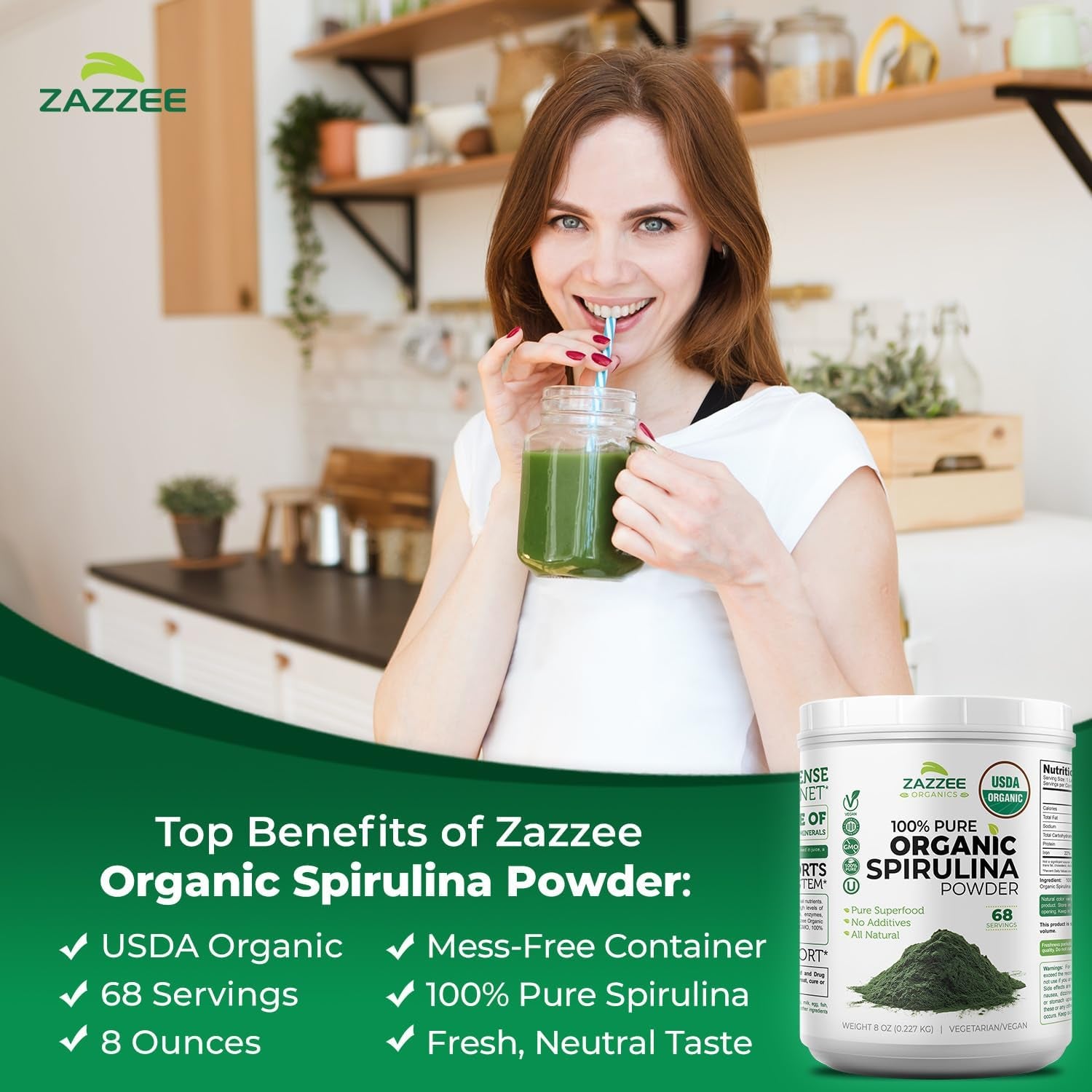 USDA Organic Spirulina Powder, 8 Ounces, 68 Servings, 100% Pure | Certified Kosher, Non-Irradiated, Mess-Free Wide Mouth Container, Fresh Smell and Neutral Taste, Non-Gmo, Made in USA