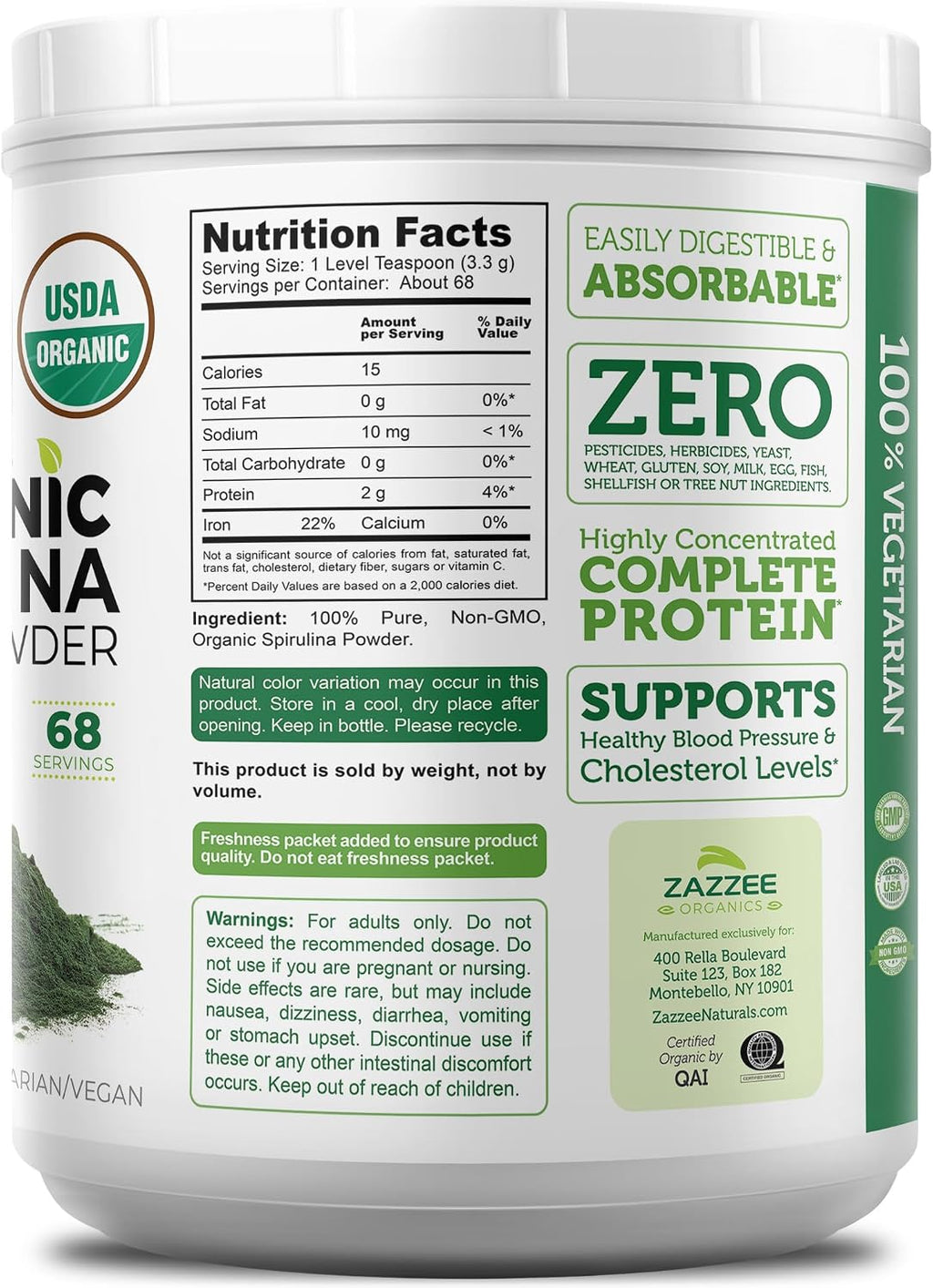 USDA Organic Spirulina Powder, 8 Ounces, 68 Servings, 100% Pure | Certified Kosher, Non-Irradiated, Mess-Free Wide Mouth Container, Fresh Smell and Neutral Taste, Non-Gmo, Made in USA