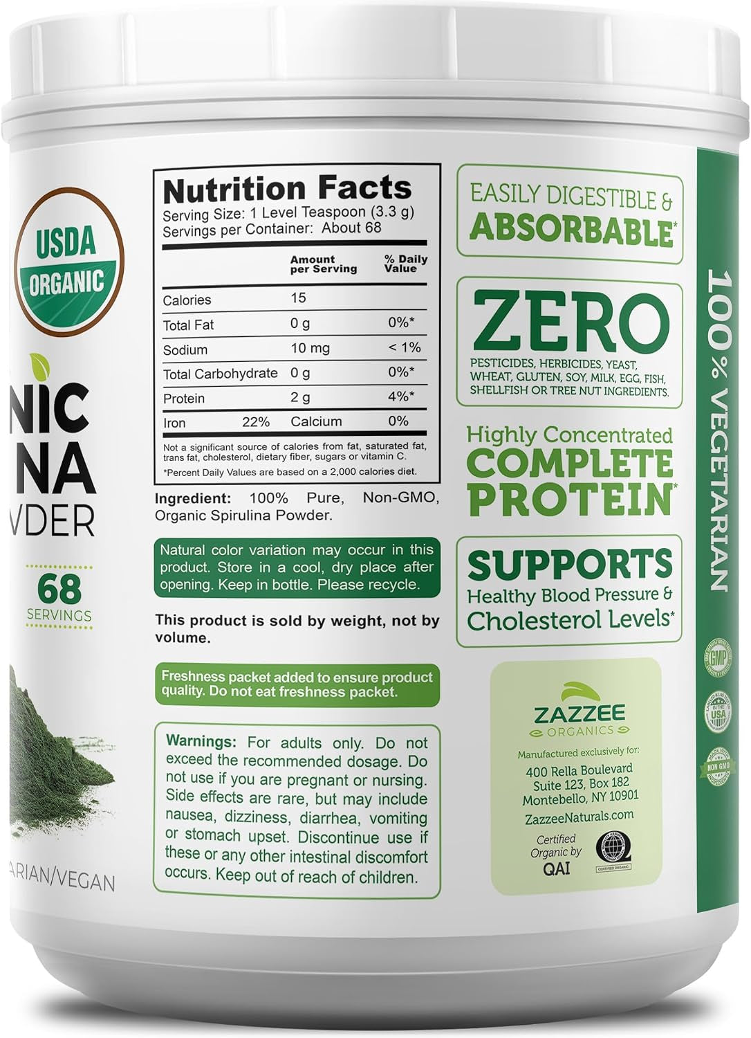 USDA Organic Spirulina Powder, 8 Ounces, 68 Servings, 100% Pure | Certified Kosher, Non-Irradiated, Mess-Free Wide Mouth Container, Fresh Smell and Neutral Taste, Non-Gmo, Made in USA