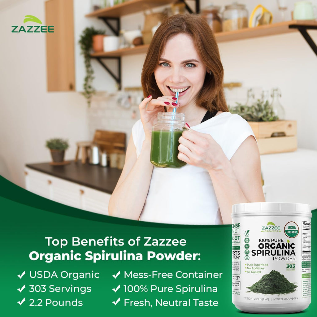 USDA Organic Spirulina Powder, 2.2 Pounds (1 KG), 303 Servings | Certified Kosher, 100% Pure, Non-Irradiated, Mess-Free Wide Mouth Container, Fresh Smell, Neutral Taste, Non-Gmo, Made in USA
