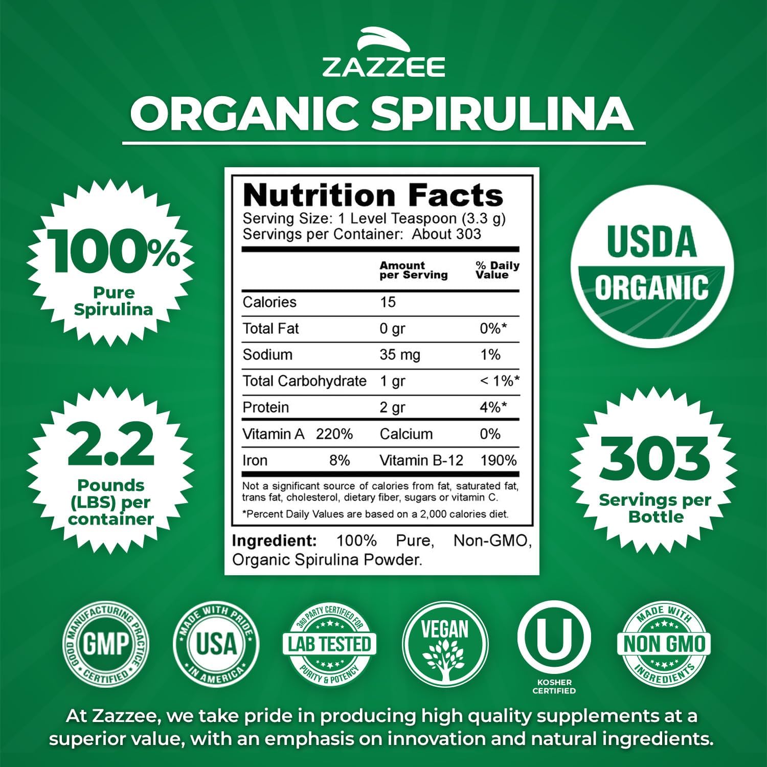 USDA Organic Spirulina Powder, 2.2 Pounds (1 KG), 303 Servings | Certified Kosher, 100% Pure, Non-Irradiated, Mess-Free Wide Mouth Container, Fresh Smell, Neutral Taste, Non-Gmo, Made in USA