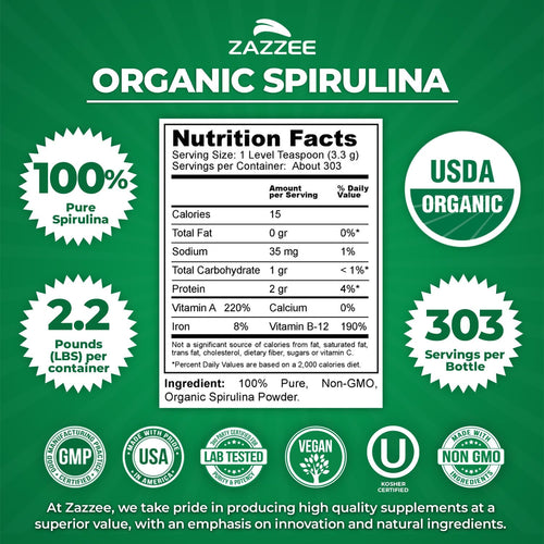 USDA Organic Spirulina Powder, 2.2 Pounds (1 KG), 303 Servings | Certified Kosher, 100% Pure, Non-Irradiated, Mess-Free Wide Mouth Container, Fresh Smell, Neutral Taste, Non-Gmo, Made in USA