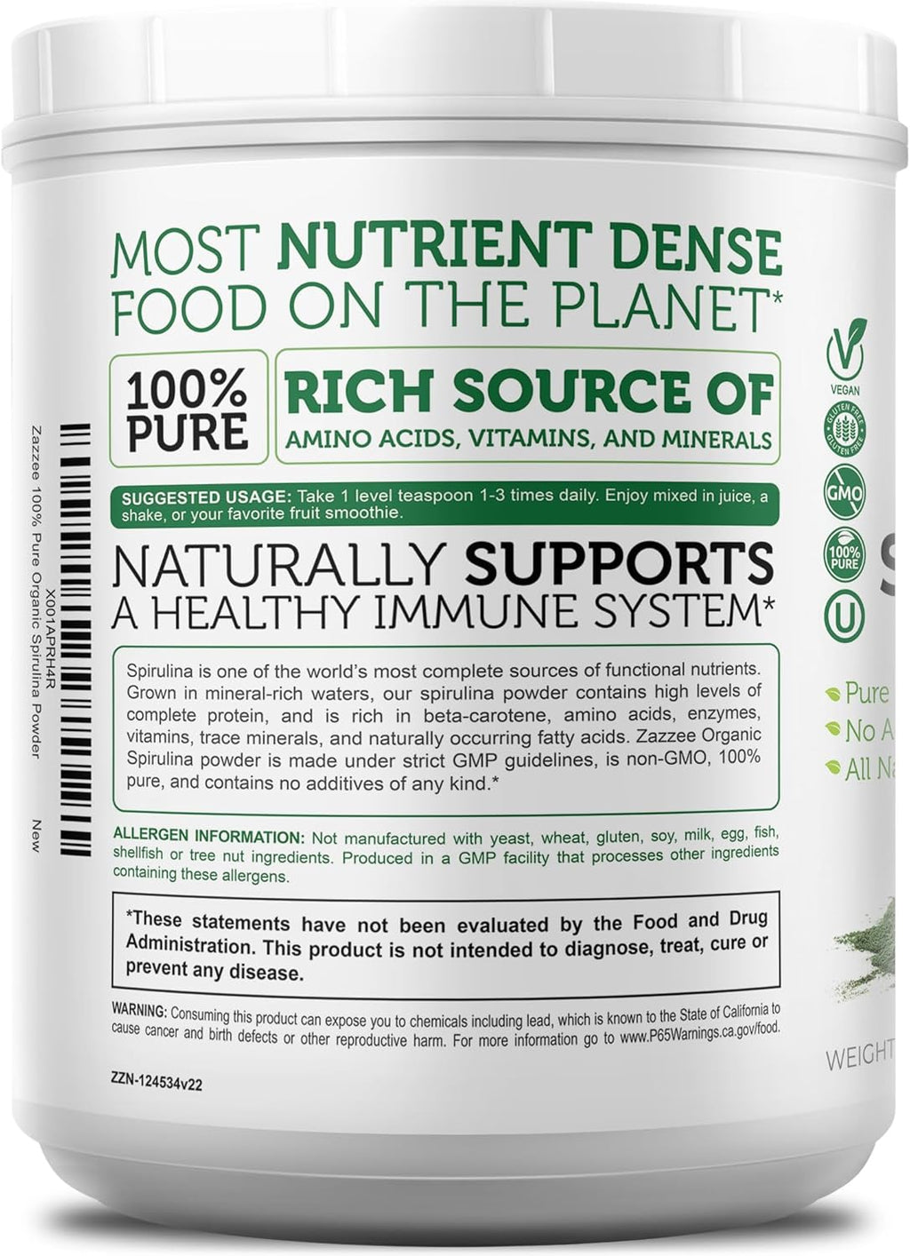 USDA Organic Spirulina Powder, 2.2 Pounds (1 KG), 303 Servings | Certified Kosher, 100% Pure, Non-Irradiated, Mess-Free Wide Mouth Container, Fresh Smell, Neutral Taste, Non-Gmo, Made in USA