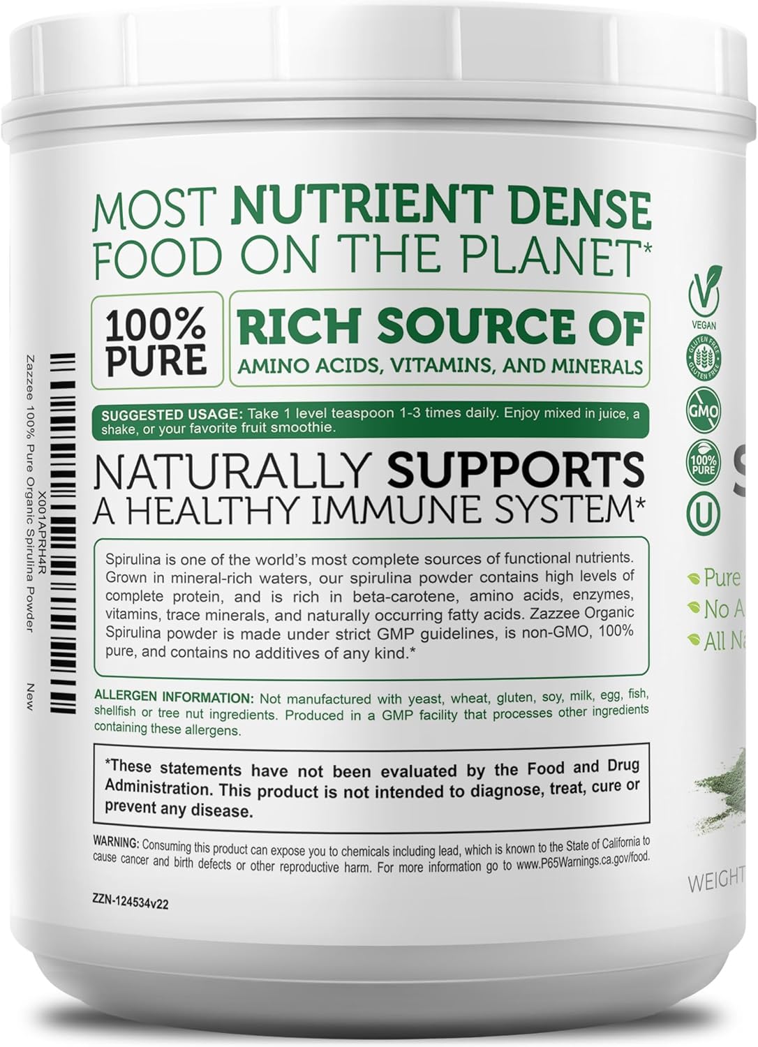 USDA Organic Spirulina Powder, 2.2 Pounds (1 KG), 303 Servings | Certified Kosher, 100% Pure, Non-Irradiated, Mess-Free Wide Mouth Container, Fresh Smell, Neutral Taste, Non-Gmo, Made in USA