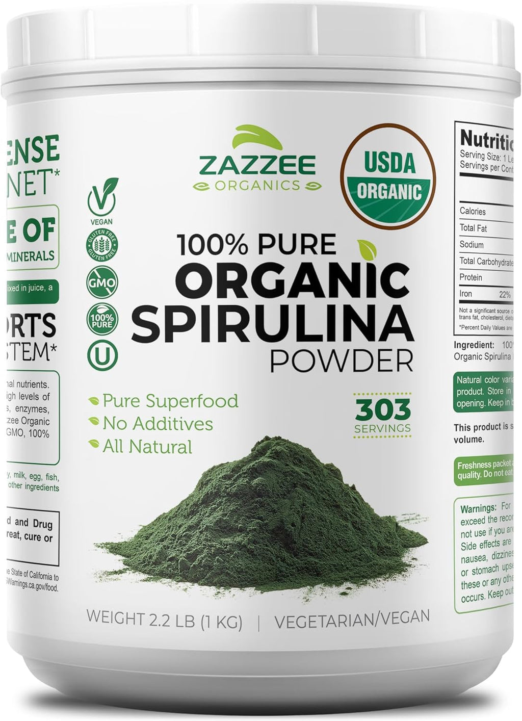 USDA Organic Spirulina Powder, 2.2 Pounds (1 KG), 303 Servings | Certified Kosher, 100% Pure, Non-Irradiated, Mess-Free Wide Mouth Container, Fresh Smell, Neutral Taste, Non-Gmo, Made in USA