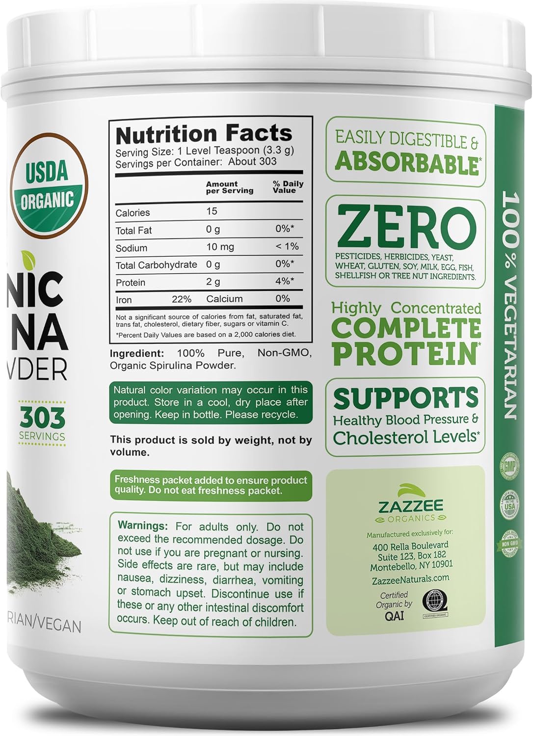USDA Organic Spirulina Powder, 2.2 Pounds (1 KG), 303 Servings | Certified Kosher, 100% Pure, Non-Irradiated, Mess-Free Wide Mouth Container, Fresh Smell, Neutral Taste, Non-Gmo, Made in USA