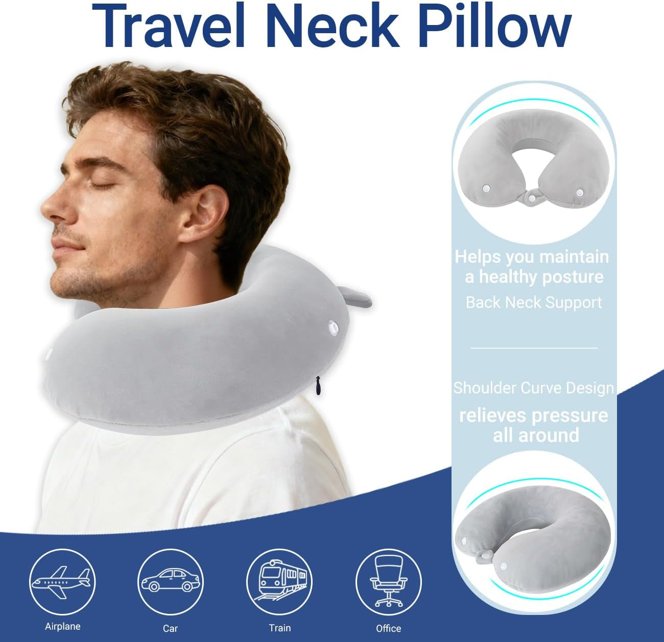 Travel Pillow with Removable Large Hood, Memory Foam Neck Pillow for Airplane, Car, Train Travel Sleeping & Rest, with Soft Cover (Gray)
