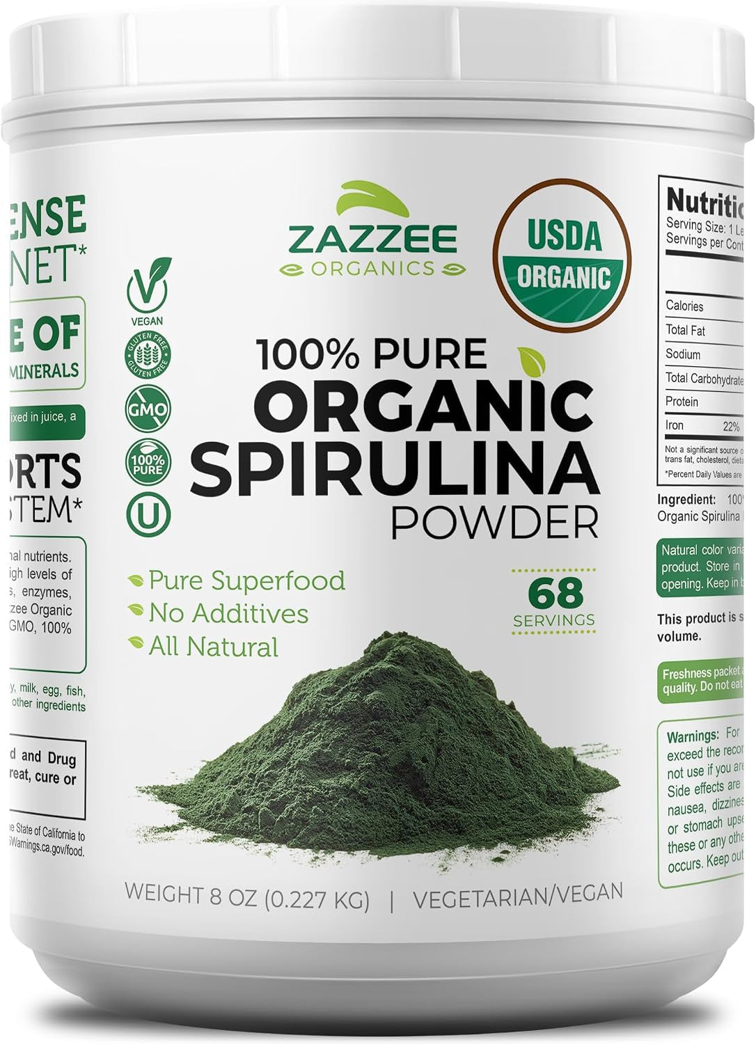 USDA Organic Spirulina Powder, 8 Ounces, 68 Servings, 100% Pure | Certified Kosher, Non-Irradiated, Mess-Free Wide Mouth Container, Fresh Smell and Neutral Taste, Non-Gmo, Made in USA