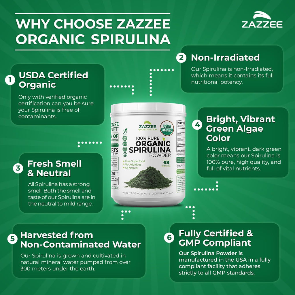 USDA Organic Spirulina Powder, 8 Ounces, 68 Servings, 100% Pure | Certified Kosher, Non-Irradiated, Mess-Free Wide Mouth Container, Fresh Smell and Neutral Taste, Non-Gmo, Made in USA