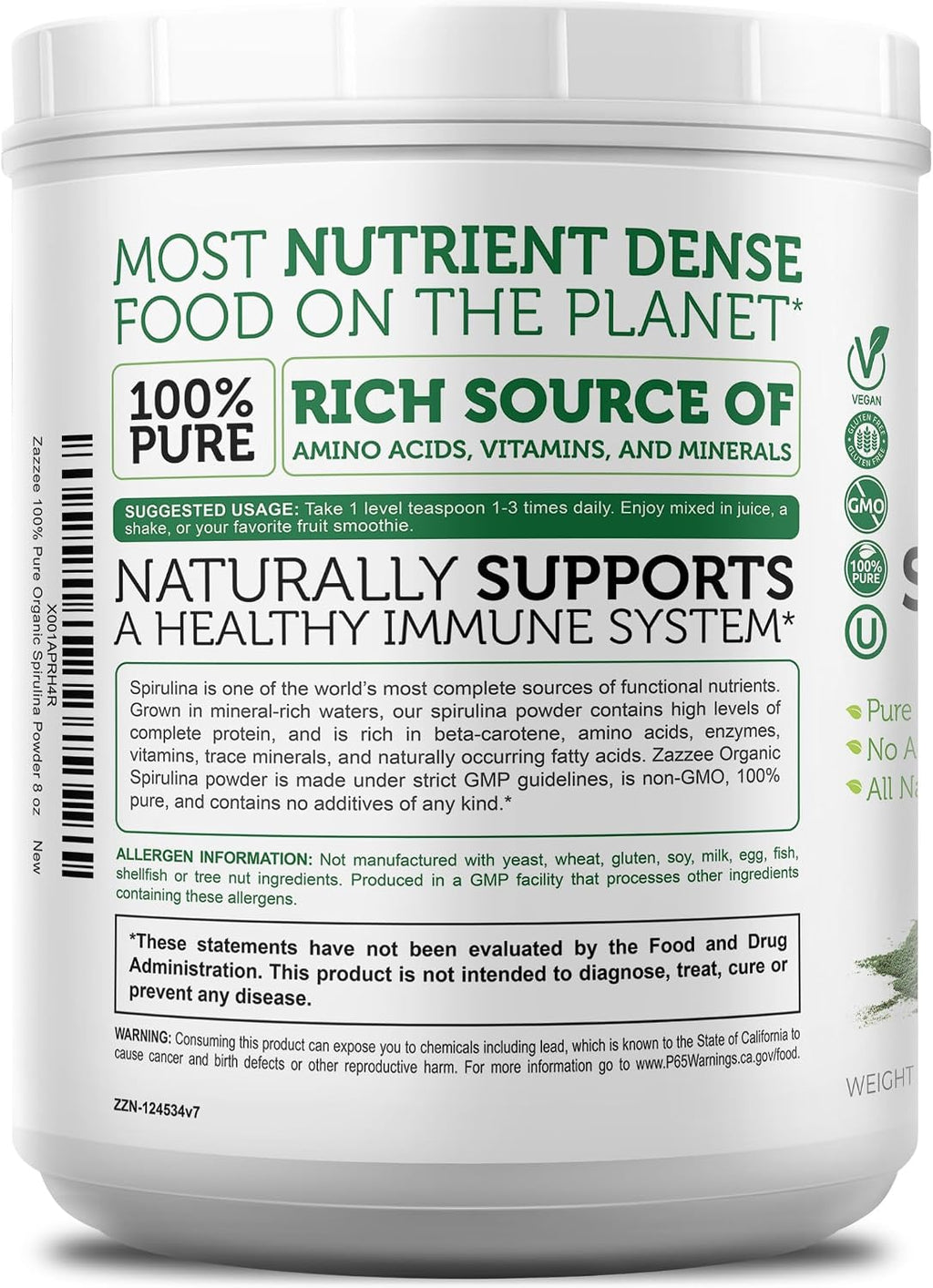 USDA Organic Spirulina Powder, 8 Ounces, 68 Servings, 100% Pure | Certified Kosher, Non-Irradiated, Mess-Free Wide Mouth Container, Fresh Smell and Neutral Taste, Non-Gmo, Made in USA