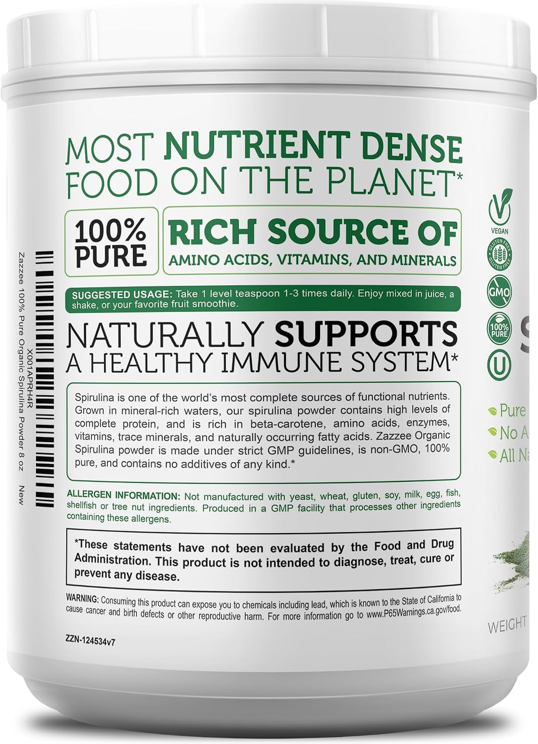 USDA Organic Spirulina Powder, 8 Ounces, 68 Servings, 100% Pure | Certified Kosher, Non-Irradiated, Mess-Free Wide Mouth Container, Fresh Smell and Neutral Taste, Non-Gmo, Made in USA